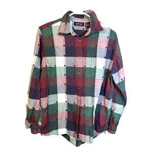 Vintage Krazy Kat Heart Plaid Shirt M Cottagecore Y2K Grunge Patchwork Button Up